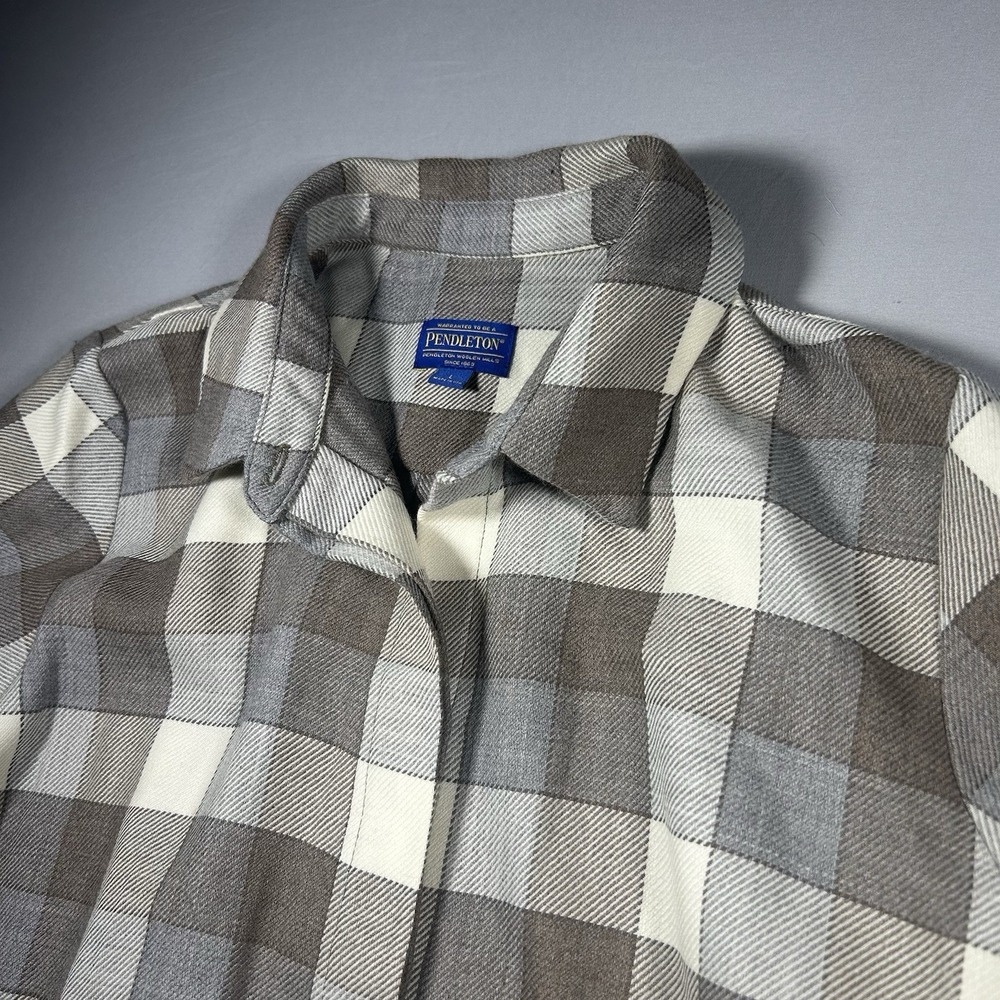 Mens Pendleton Wool Flannel Shirt Large Plaid Brown Gray USA Hidden Placket